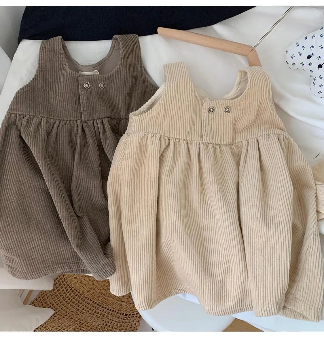 Baby Girls Sleeveless Dress Spring and Autumn New Baby Corduroy Dress Children's Lapel Loose Dress+T-shirt Set Kids Clothing Set