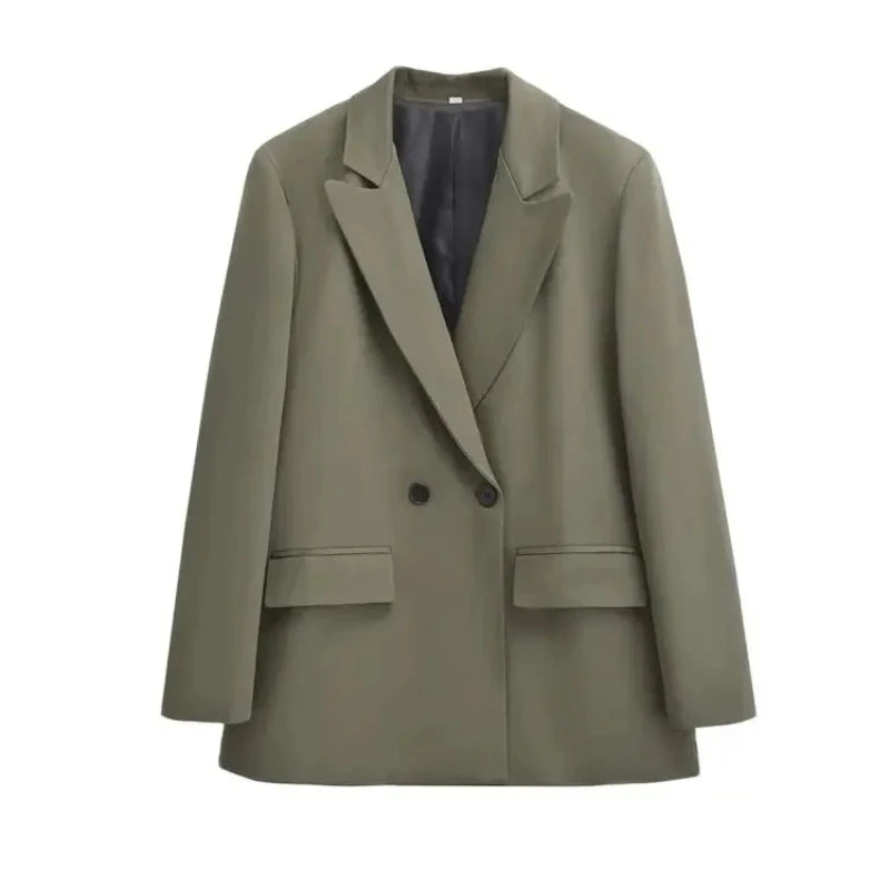 2025 Fashion Simple Loose Double Breasted Blazer Coat Long Sleeve Flap Pockets Female Outerwear Chic Tops Office Outwear