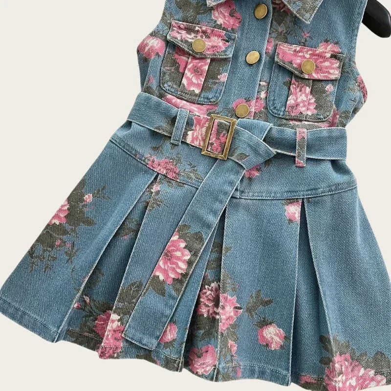 Kids Children 2 - 8 Y Baby Girls Sleeveless Floral Printed Denim Dress with Stylish Belted Design Fashion Summer Outfit
