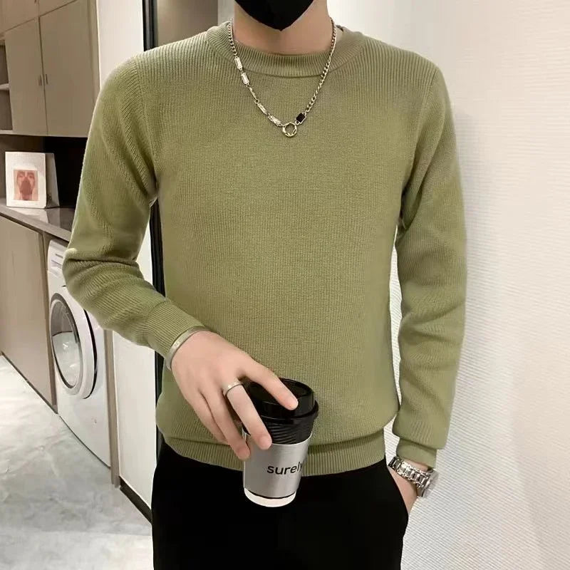 White Knitted Sweaters for Men Round Collar Green Crewneck Pullovers Man Clothes Clothing Knitwears Y2k Streetwear Fun Casual S
