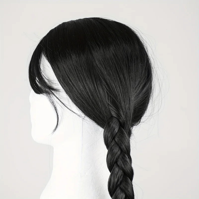 Wednesday Wig‌ Women'S Long Black Braided Synthetic Wig With Bangs, 2 Braided Ponytails For Halloween Cosplay, Party & Everyday