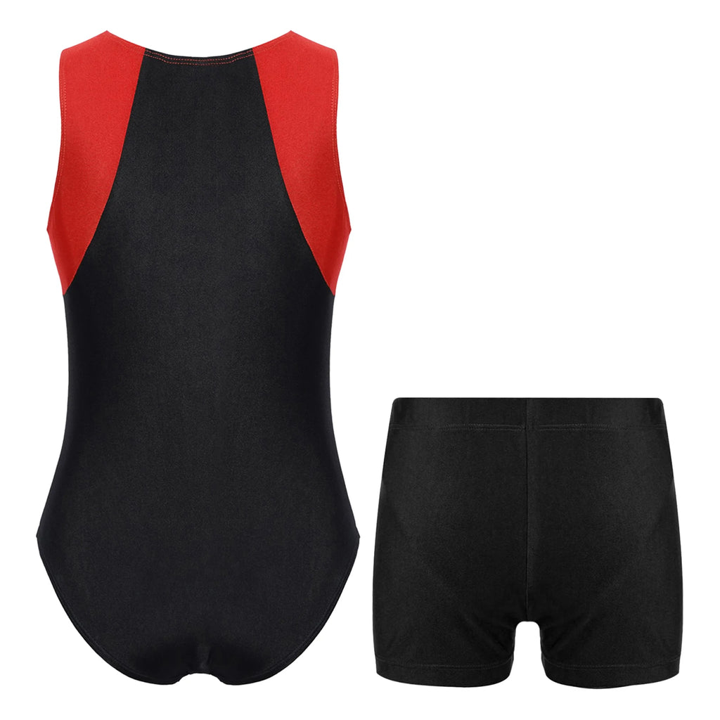 Kids Boys Sports Gymnastics Workout Sets Sleeveless Leotard Bodysuit Jumpsuit with Shorts Yoga Fitness Competition Dancewear