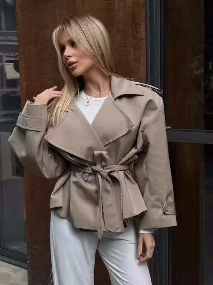 Fashion Lace up Cropped Trench Coat Women Lapel Long Sleeves Wide Shoulder Windbreaker Jacket Fall Commuting Daily Jackets 2026