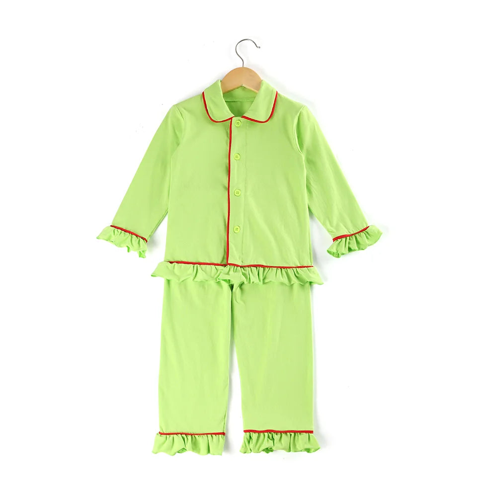 Mudbala Kids Fall Winter Cotton Pajamas Sibling Matching Boys Girls Ruffle Pyjamas Button Up Homewear