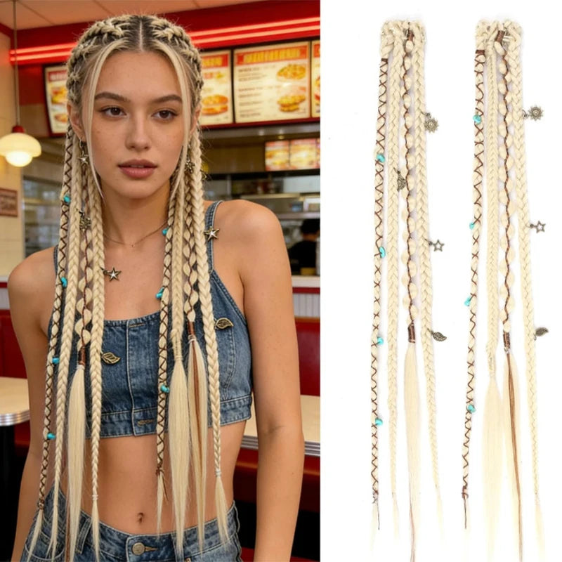 Wig with 4 small braids and hair extensions for women paired with Bohemian style BB clip on synthetic boxing braids