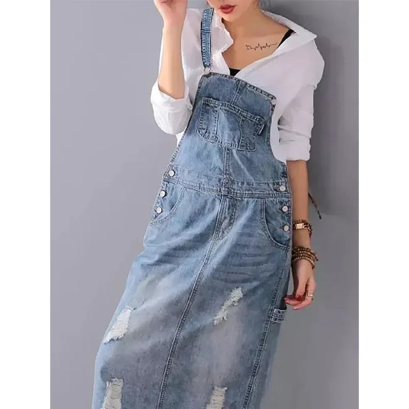 Women Denim Dresses Suspender Sleeveless Strap Straight Long Skirts Romper Loose Jumpsuit Overalls Jeans Dresses 2024 Vestidos