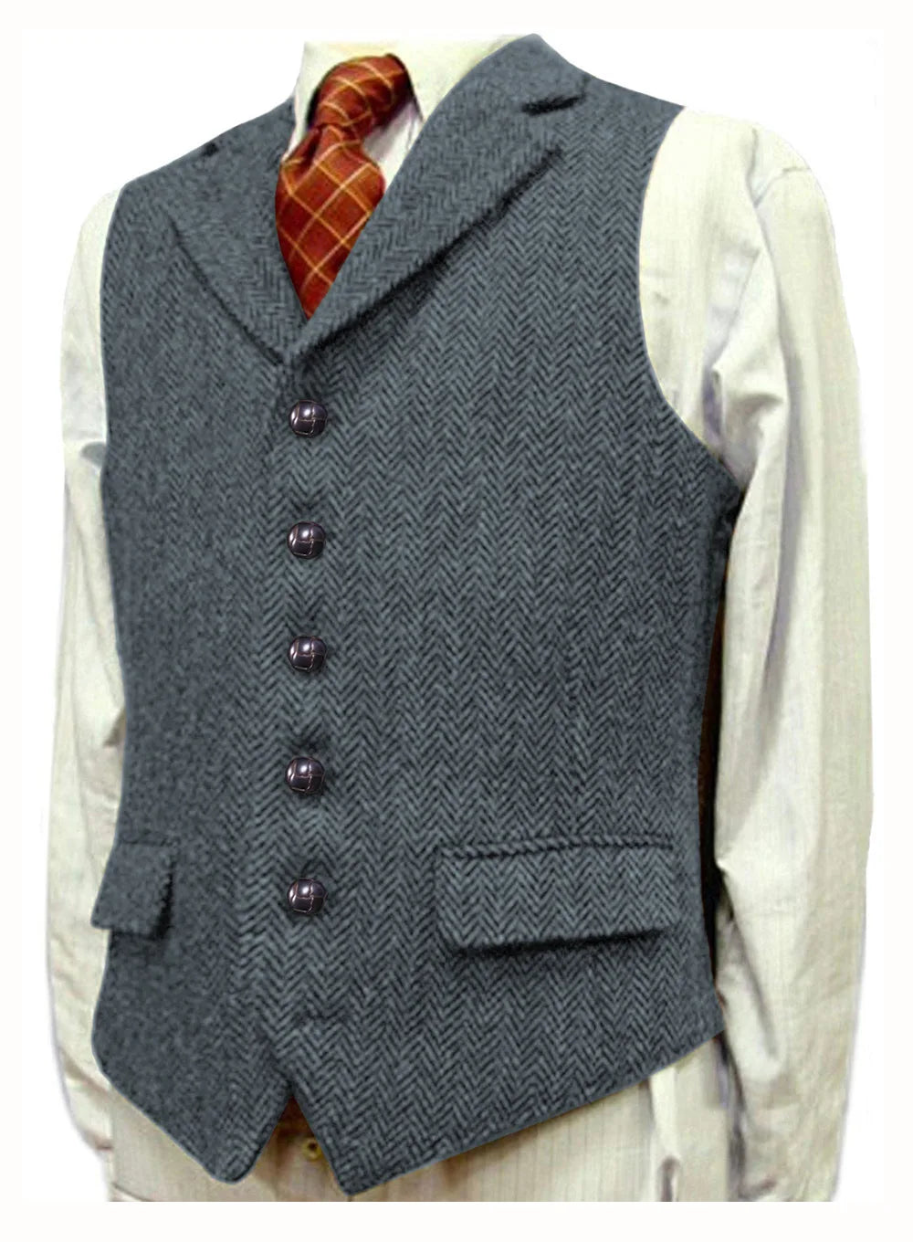 Men Vest With Lapel Boutique Herringbone Wool Tweed Slim Fit Waistcoat Casual Formal Business Wedding Daily Men Suit Vest