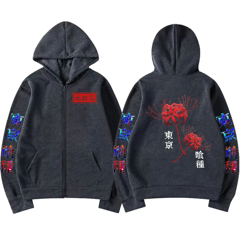 Anime Tokyo Ghoul Spider Lily Zipper Hoodie Kanekiken Manga Graphic Print Hooded Zip Up Sweatshirts Oversize Men's Jackets Coats