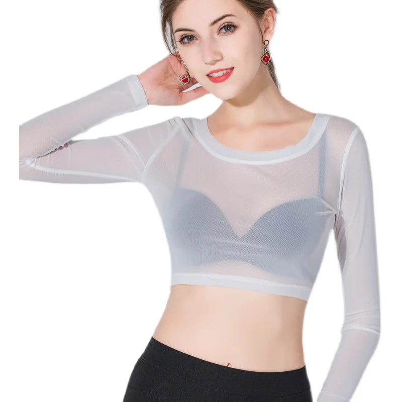 Women Slim Transparent Mesh T Shirts Girl Full Sleeve High Stretchy Crop Top T-shirt Female Tops Tees
