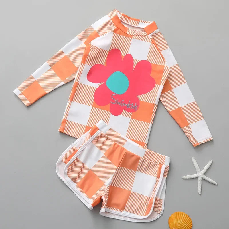 Girls Swimsuit Fashion Split Two-piece Swimwear Sets for Kids Sunscreen Quick Dry Long Sleeve Swimming Suits Teen Beach Clothing
