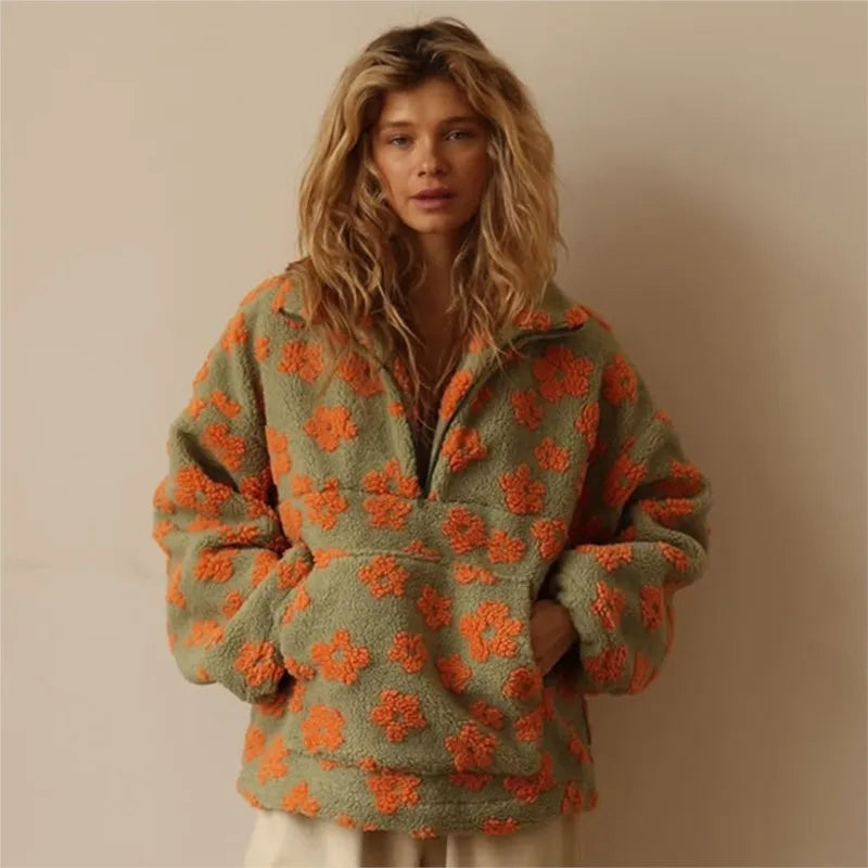 2025 Autumn/Winter New Fashionable Warm Plush Hoodie With Casual Flower Print Loose High Collar Loose Long Sleeve Fleece Hoodie