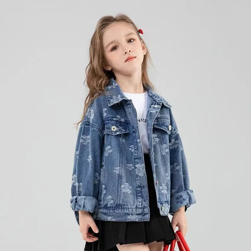 Girls Denim Jackets New Kids Fashion Cartoon Outerwear Children Long Sleeve Casual Clothing 4-14 Years Teenager Trends Coats