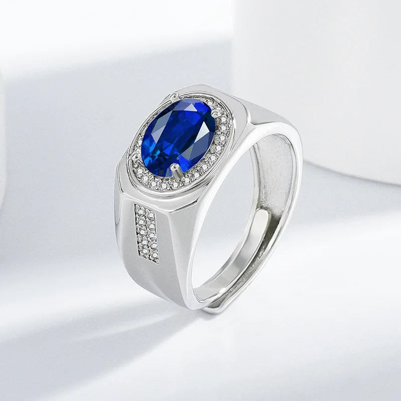 Men's 925 Sterling Silver Ring, Oval Cut Gemstone Ring, Adjustable Luxury Cubic Zirconia Ring, Hip Hop Statement Jewelry Gift