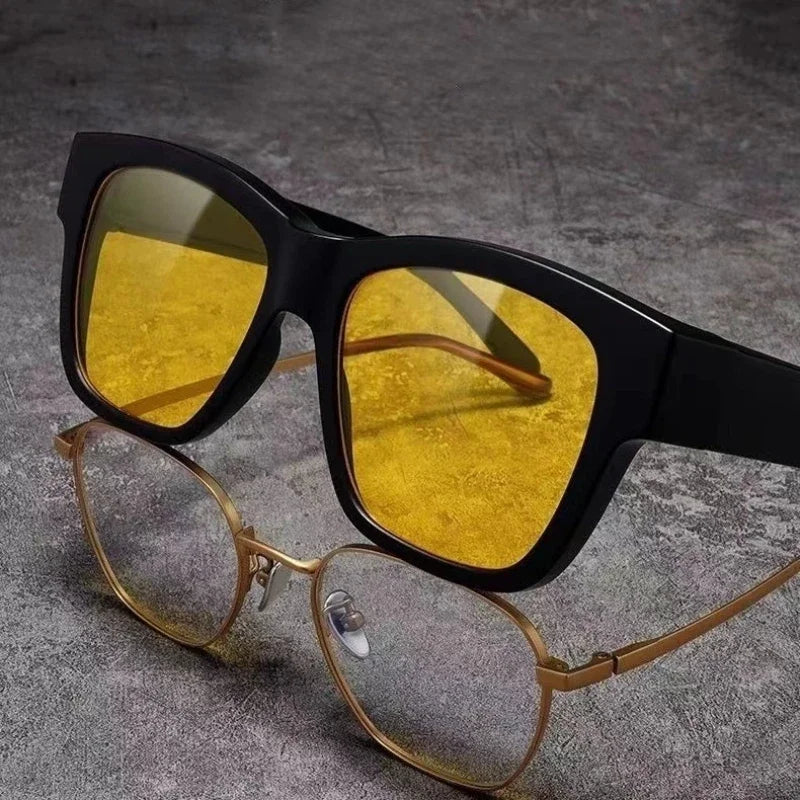 Men Night Vision Photochromic Sunglasses for Driving Women Myopia Sun Glasses Wear Over Retro Square UV Shades Fit Over Glasses