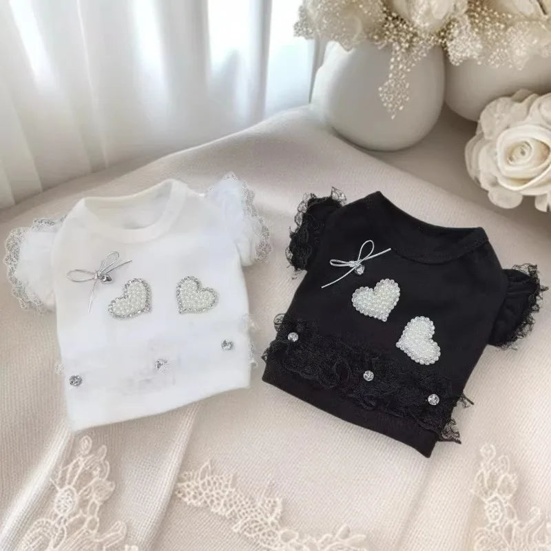 Pet Clothes For Small Dogs Cats, Puff Sleeve Lace Blouse Denim Skirt Cute Puppy Kitten Daily Outfit