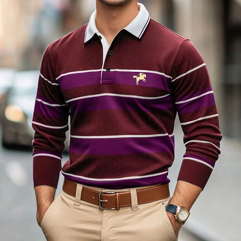 Simple Fashion Striped Polo Shirts For Men Trendy Autumn Long Sleeve Lapel Button Golf Polo Shirt Casual Oversized Tees Tops