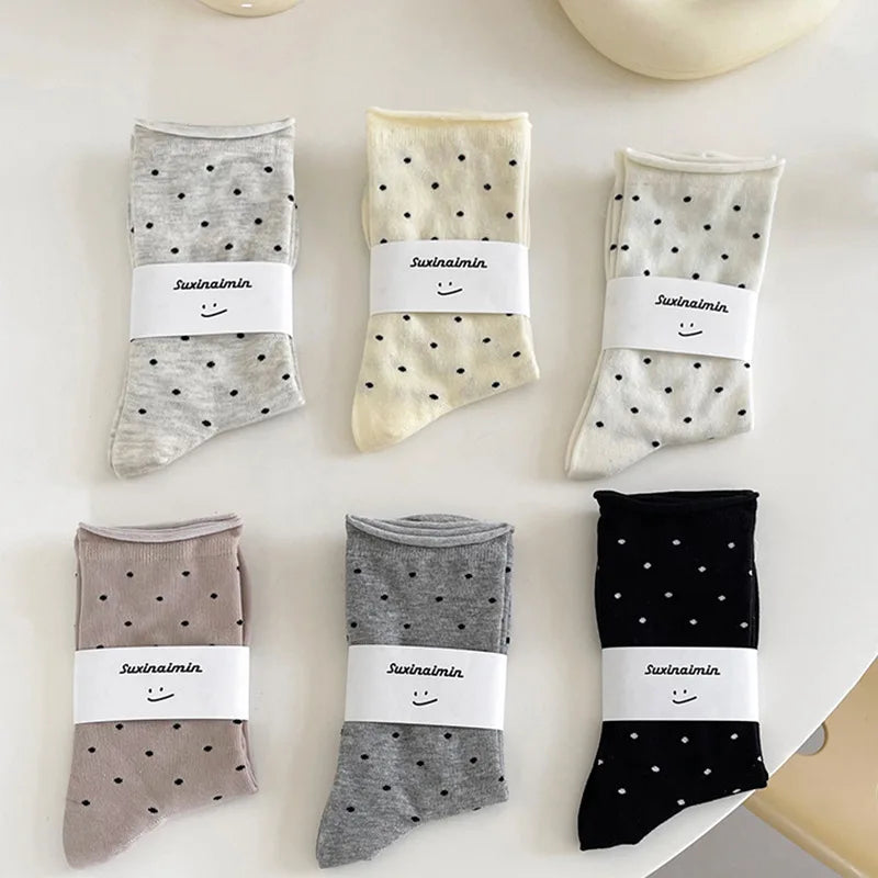 Women's spring summer thin vintage cream curled-edge women's socks polka dot mid-tube socks artistic socks women