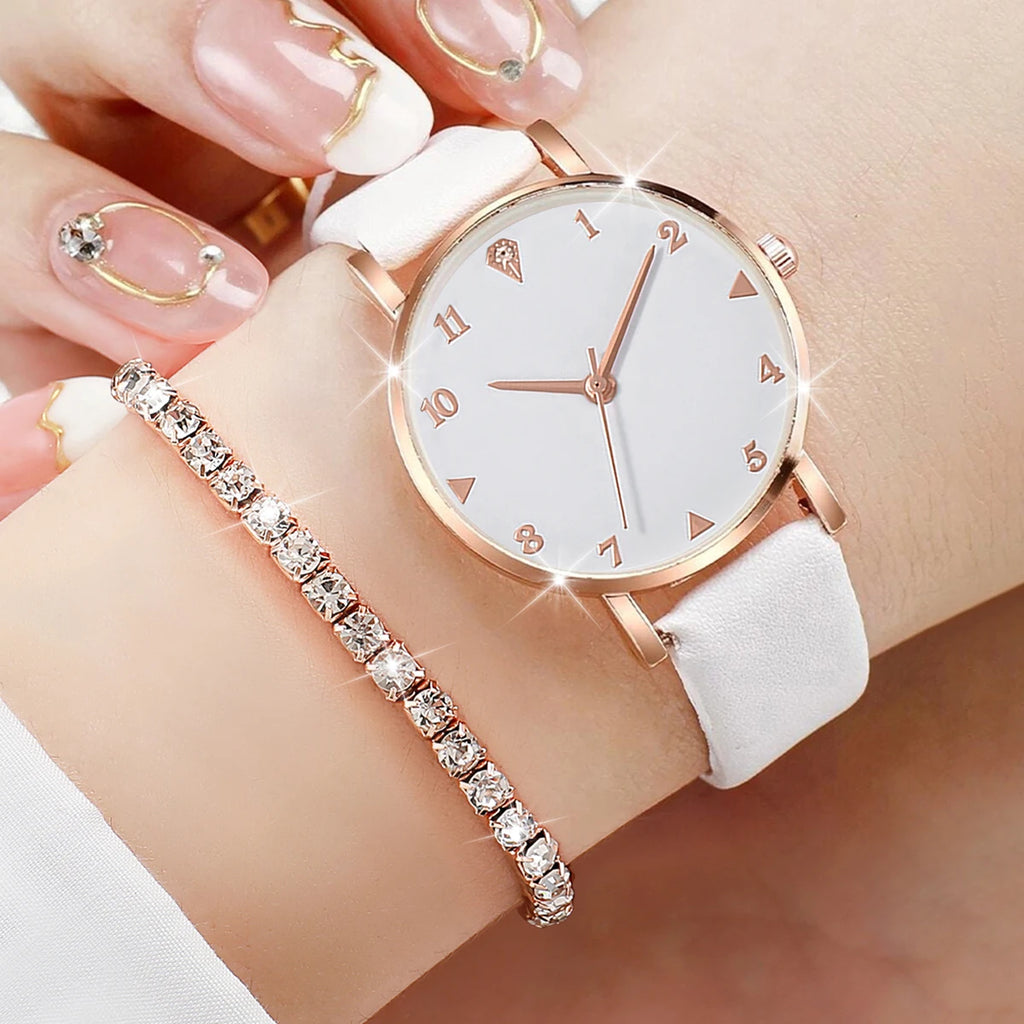 6PCS/Set Women's Watch Fashion Arabic Dial Leather Band Quartz Watches Diamond Jewelry Set（Without Box）