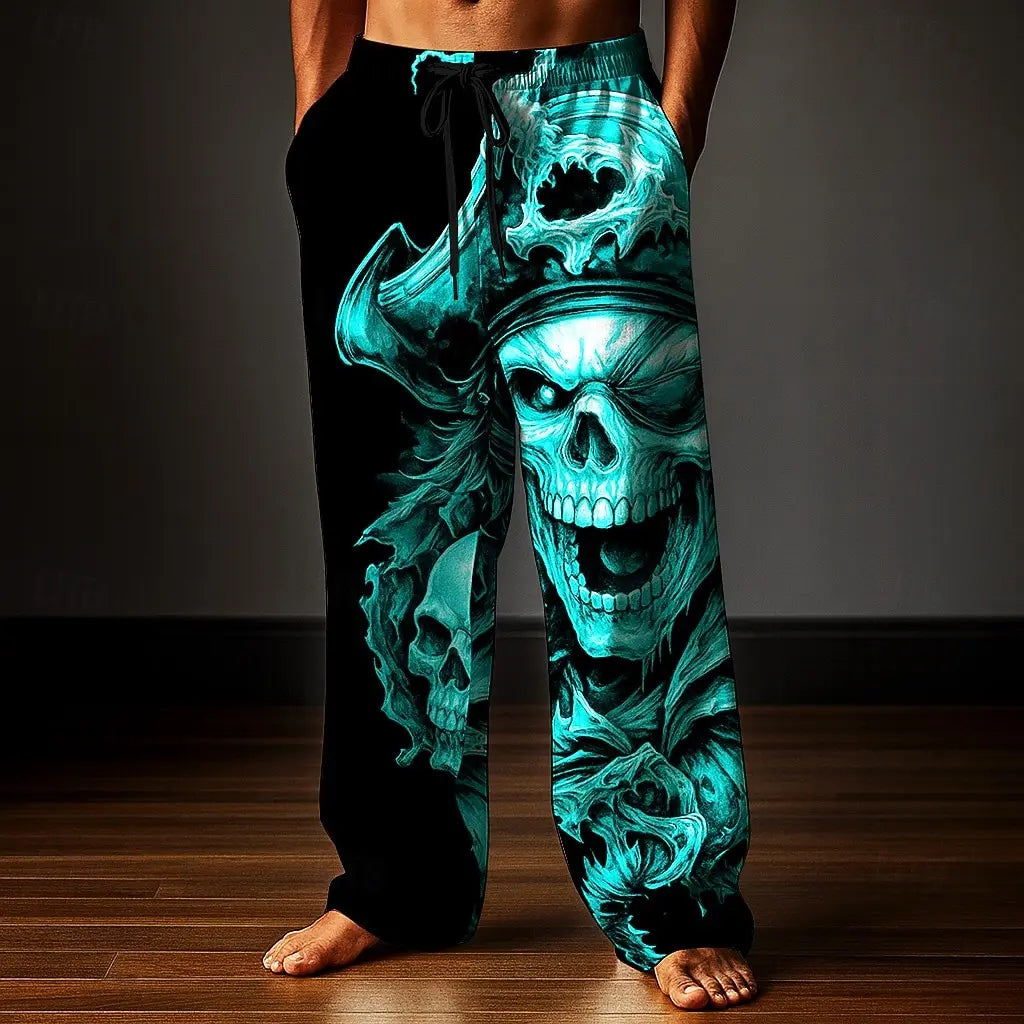 Men's Skull Skeleton Printed Trousers Baggy Pants Casual Pants Mid Waist Elastic Drawstring Waist Pants for Men Streetwear Fall