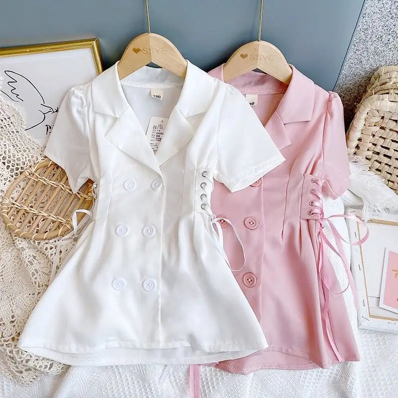 Kids Girl Pink Suit Dress 2025 New Arrival Children Summer Slim Fit Shirt Dresses Princess White Thin Chiffon Dress Korean Style