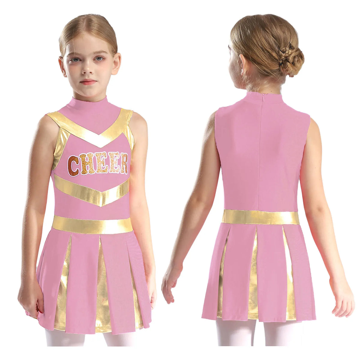 Kids Girl Cheerleading Dance Performance Costume Sleeveless Leotard Dress for School Show Sports Meeting Halloween Cosplay Party