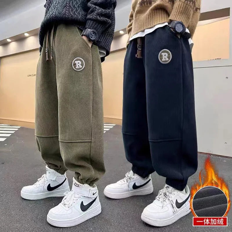 Korean Style Winter Warm Pants Children Sweatpants Thicken Corduroy Boys Casual Pants Boys Sport Pants Kids Loose Long Trousers