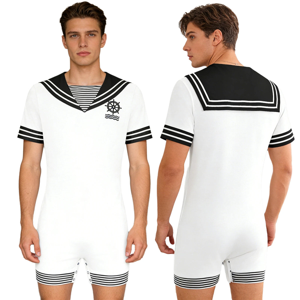 Men Adults Sailor Style Pajamas Bodysuit Navy Collar Short Sleeve Stretchy Comfortable Jumpsuit for Lounging Sleeping Home Wear