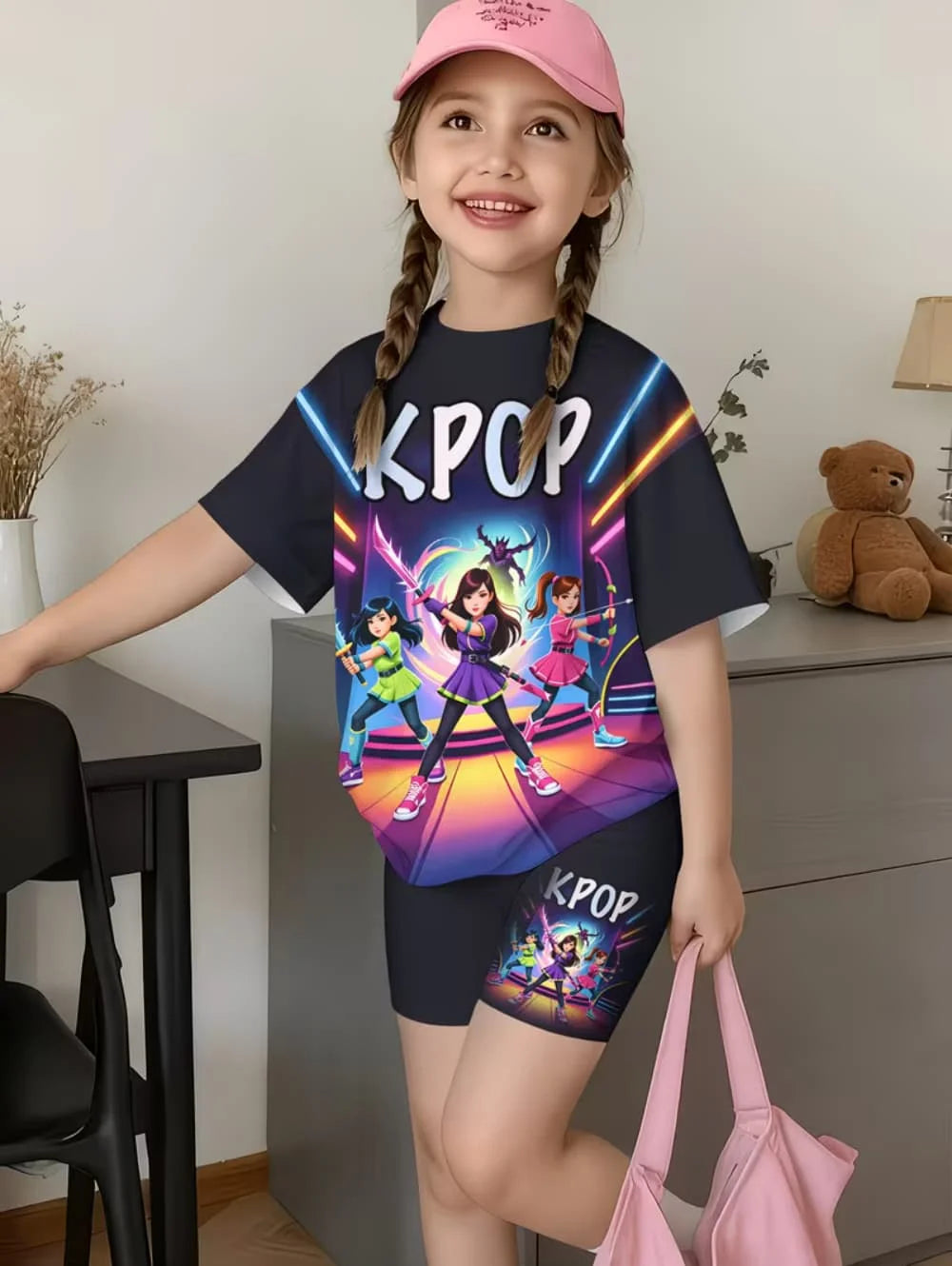 Kpop Cartoon Print Pajamas Sets Kids T-Shirts Funny Gift Harajuku Kids Short Summer Tops Short Sleeve Sets Children's Clothing