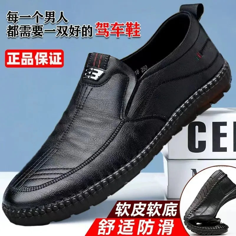2026 Mens Leather Loafers Non Slip Walking Flats Breathable Outdoor Slip on Casual Shoes for Male Work Office Driving Sneakers