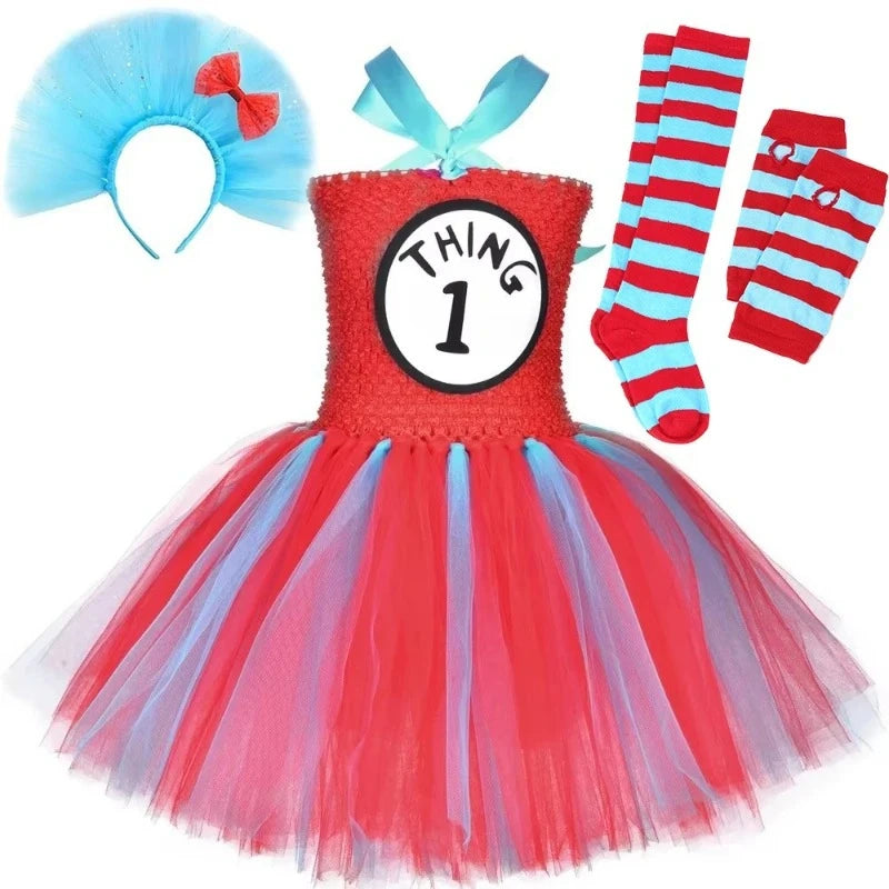 Thing 1 and Thing 2 Costumes Kids Sky Blue Red Tulle Tutu Dress Up Clothes Toddler Girls Halloween Birthday Party Princess Dress