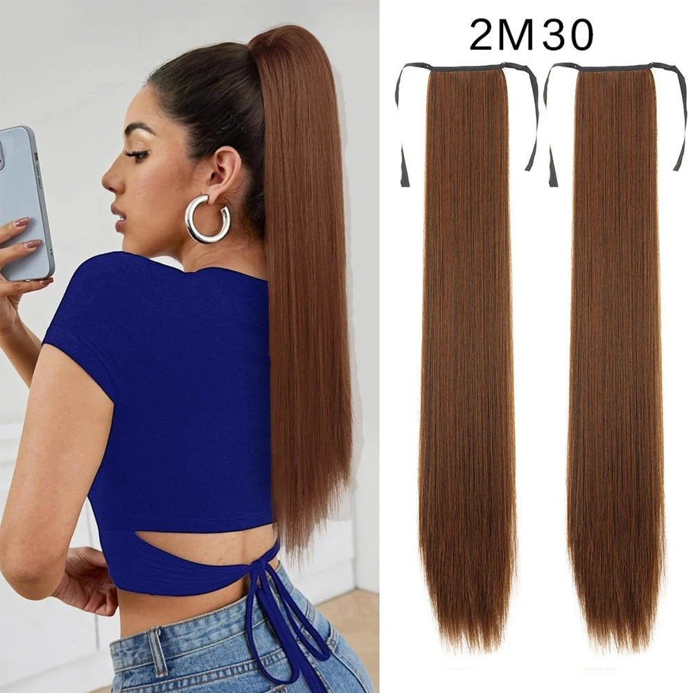 Women's Synthetic Wig (18inch-34inch) Long Straight Hair with a Ponytail Wrap and Clip Style Hair Accessory