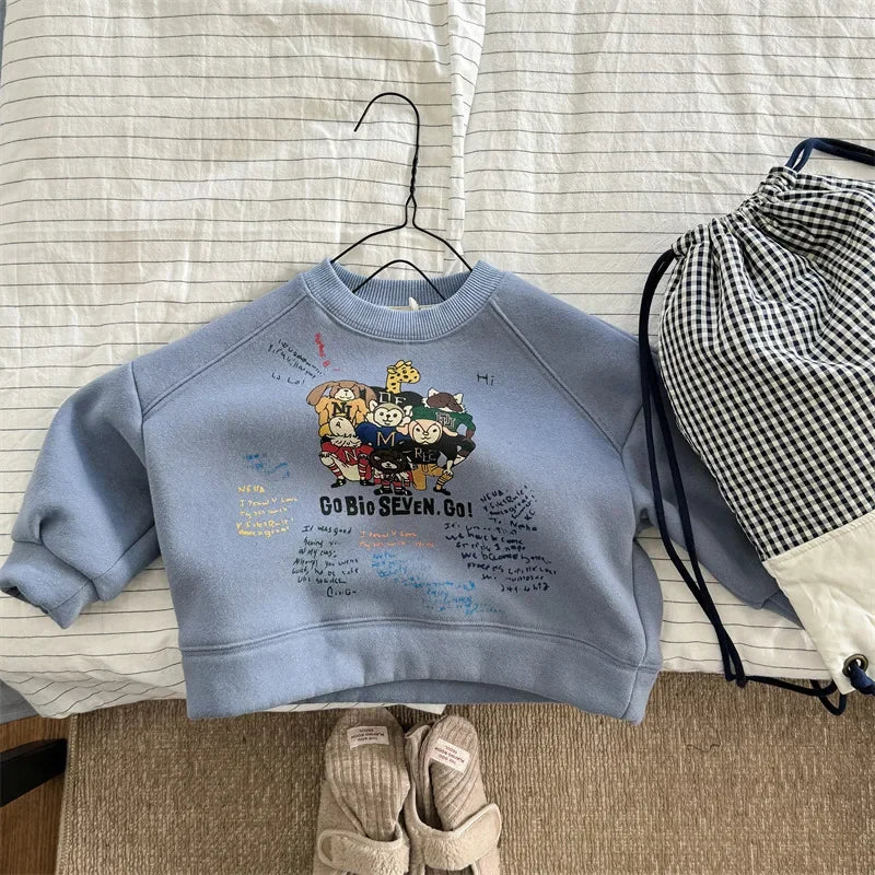 Kids Fleece Sweatshirt Winter Boys Girls Korean Style Warm Pullover Top Long Sleeve Toddler Baby Clothes Cotton Thick Unisex