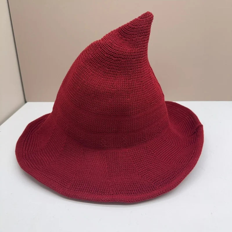 Women Witch Hat for Halloween Wool Hats Wide Brim Spire Knitted Cap Party and Daily
