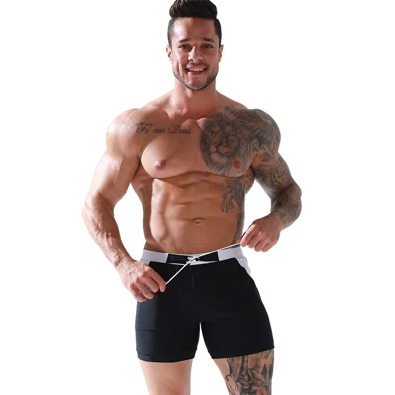 Sexy Men's Swimwear Shorts Summer Quick Dry Swimming Trunks Surf Board Shorts Boxer Briefs Tethered Swimsuit Beachwear  New