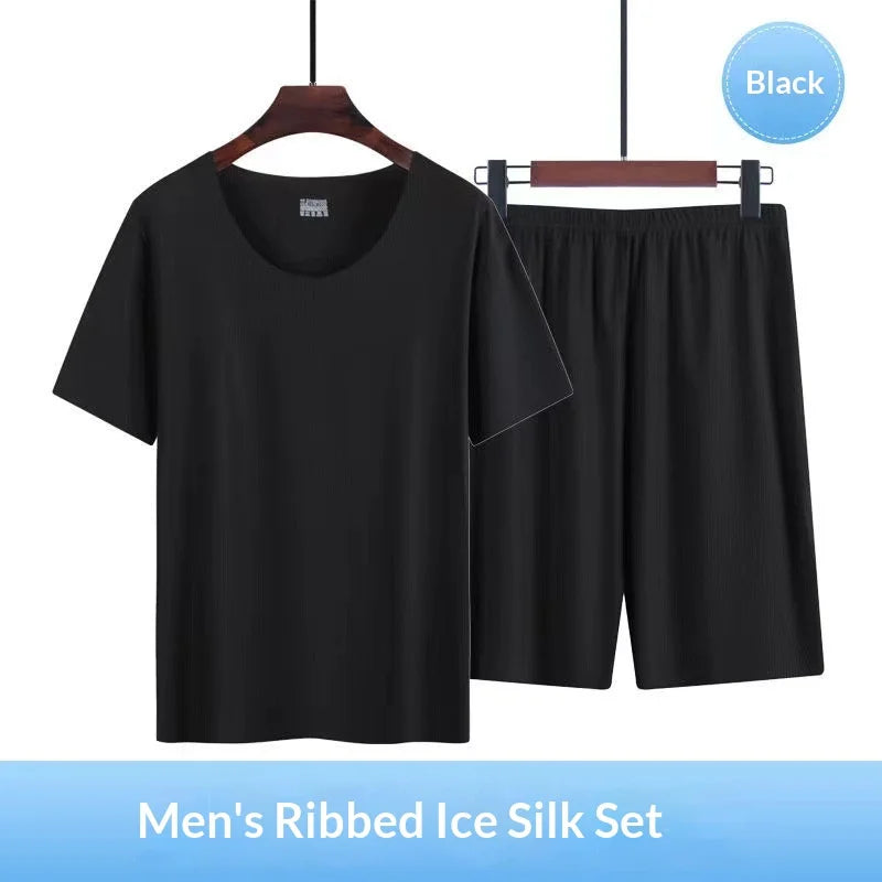 Two-Piece Men's Ice Silk Pajamas Men's Summer Thin Modal Short-Sleeved Pajamas Homewear Men's Large Size Pajamas Homewear Set