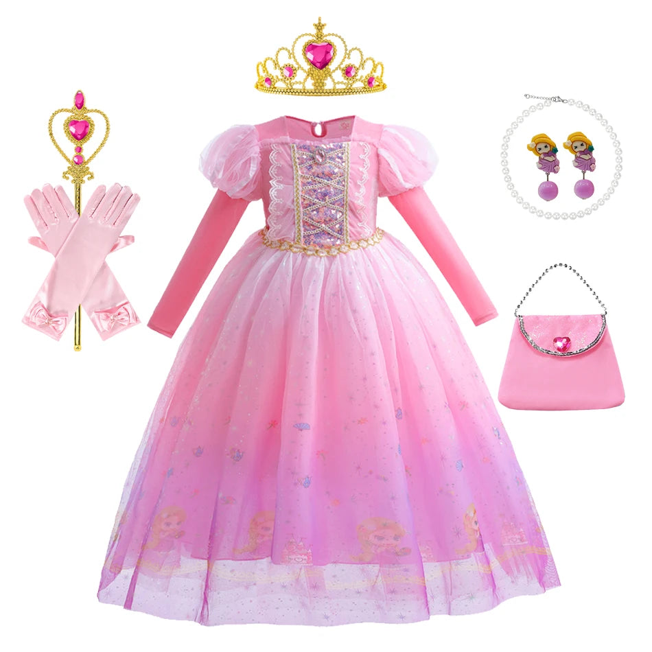 Girls Princess Pink Dress Children Rapunzel Pink Clothing Girls Spring Autumn and Winter Velvet Dress Kids Stage Performs Clothe