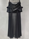 DEAT Women's Skirt Solid Color Patchwork Pu Leather Black Mesh Belt A-line High Waist Long Skirt Summer New Fashion 29L8139