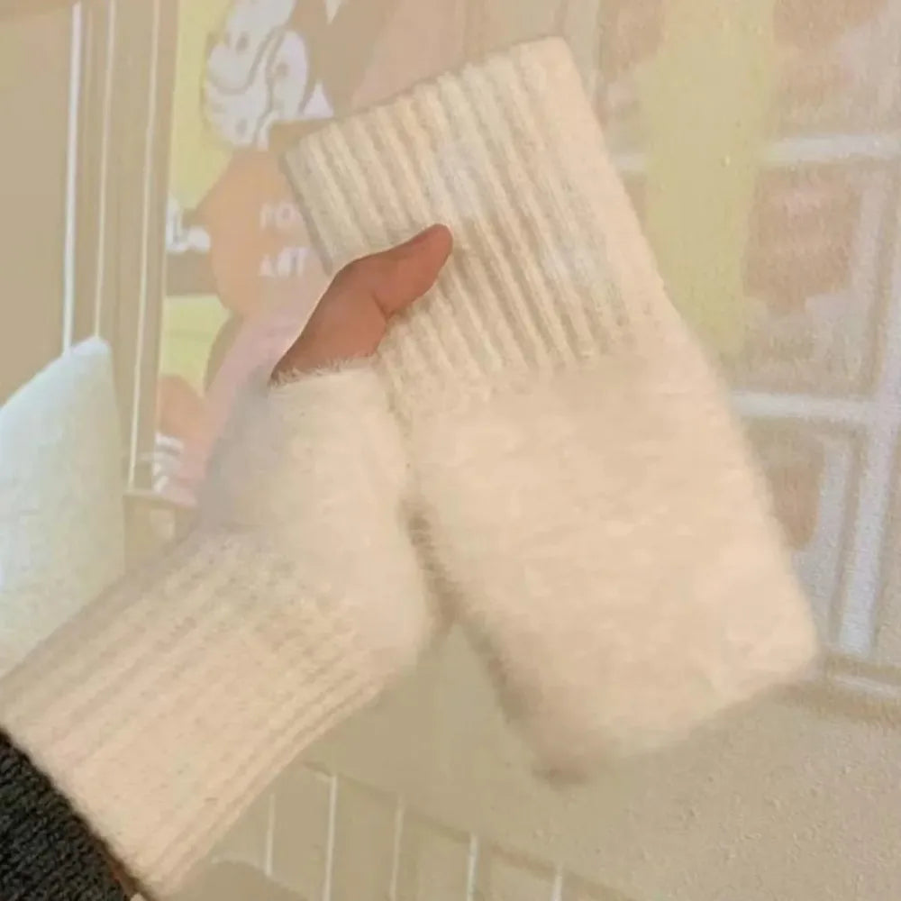 1Pair Warm and Cold-proof Half-finger Gloves for Women in Autumn and Winter, Versatile and Plush, Cute Office Half-finger Gloves