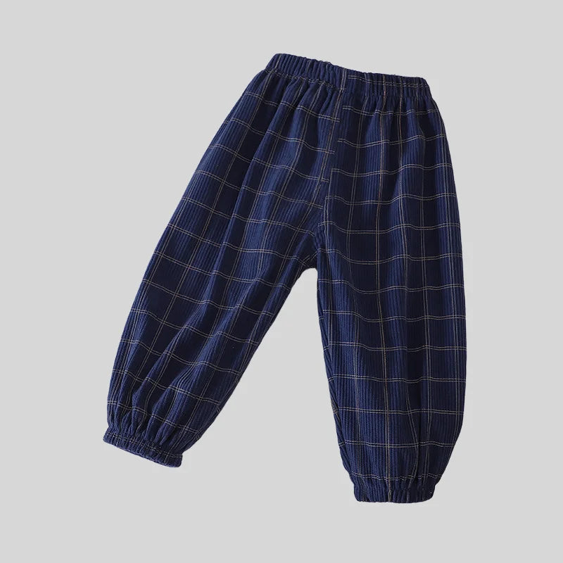Vintage Checkered Striped 1-7Y Kids Pants Autumn Corduroy Textured Toddler Cropped Trousers