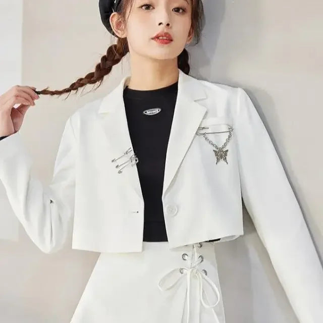 Cropped Blazers Women Designer Chain Notched Hipsters S-3XL Youth Autumn Ulzzang Streetwear Personality Teens Y2k New Overcoats