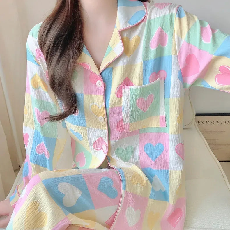 Teen Girls Long-sleeve Long-pant Pajamas Spring Autumn Woman Loungewear Students Breathable Homewear Women Loose Ladies Casual