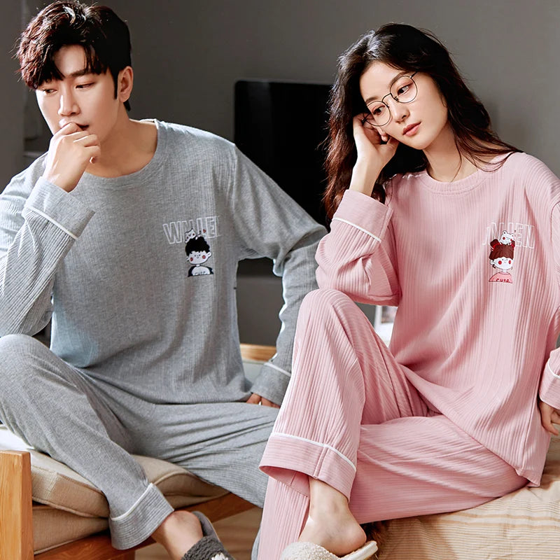 Cartoon Cute Pajamas Set For Women Men Cotton Couples Homewear Autumn Spring Long Sleep Tops Pant Nightwear Mujer hombre