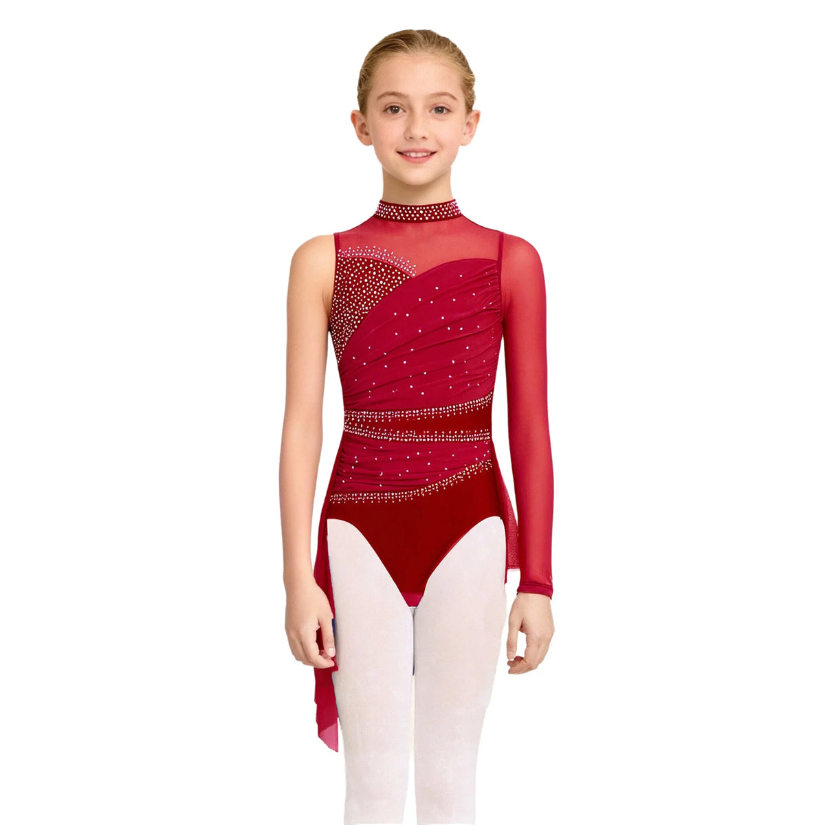 Kids Girls Lyrical Dance Dress Sleeveless Sheer Mesh Patchwork High-Low Hem Ruched Shiny Rhinestone Leotard Dress Ballet Dresses