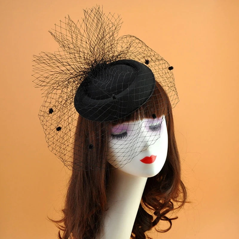 Fascinator Hats for Women Pillbox Cap with Plush Polka Dot Mesh Veil and Hair Clip Cocktail Tea Party Headwear Headdress