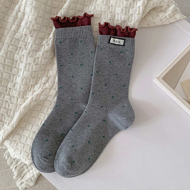 Socks For Women New Dots Cute Frilly Casual Fashion Long Socks Breathable Preppy Style Ladies Novelties Socks Cotton Soft Comfy