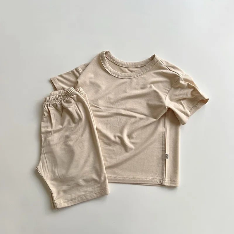 2026 Summer New Children Short Sleeve Pajamas Two-piece Set Boys Girls Thin Cotton Homewear 2pcs Suit Solid Toddler Outfits