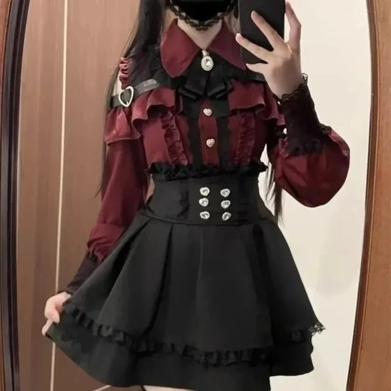Japanese Style Lolita 2 Piece Set Y2k Mini Skirt Woman Harajuku Sweet Kawaii Print Dress Tops Korean Fashion Elegant Dress