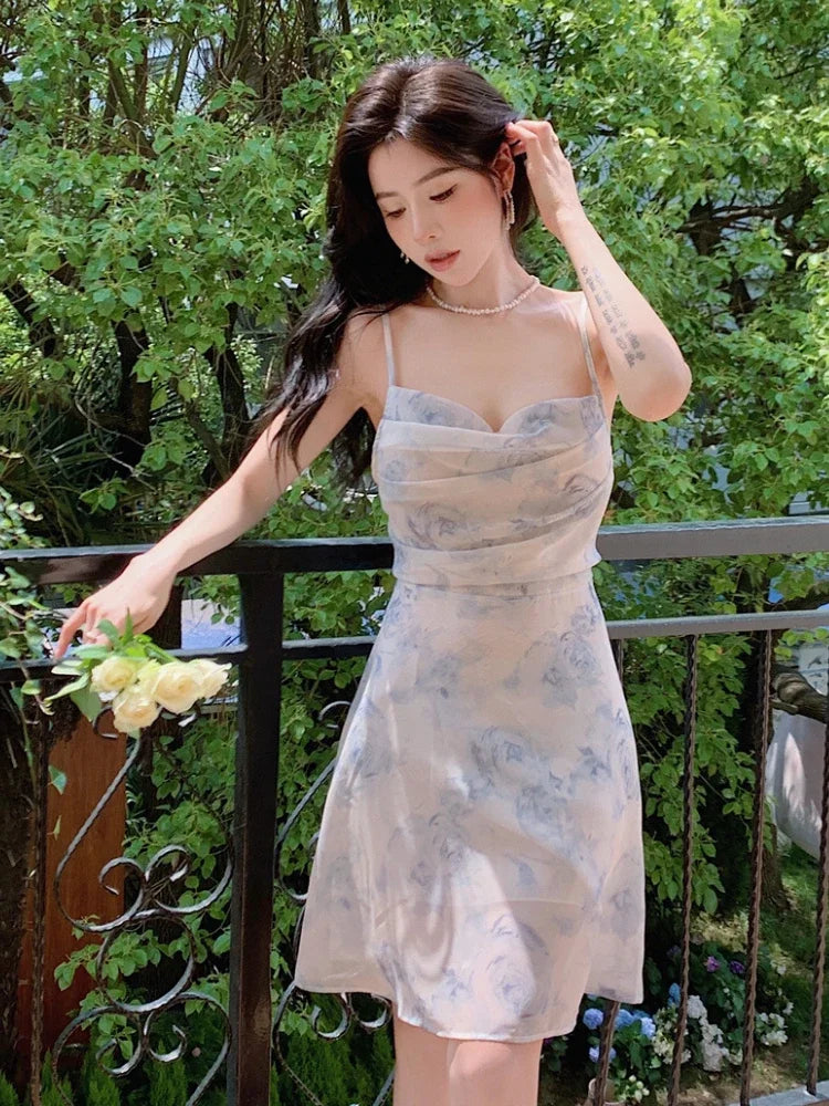 Floral Mini Dress for Women Backless Design Sexy Girls Romantic Sleeveless Vestidos Temper Aesthetic Clothing Vacation Popular