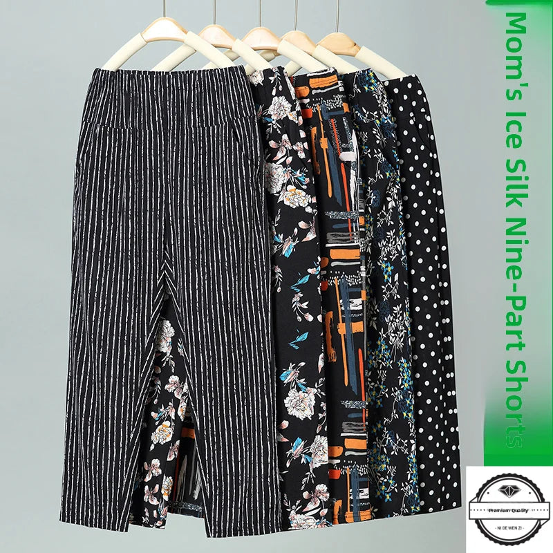 Summer Thin Nine Points Ice Silk Loose Straight Leg Pants High Waist Floral Design for Mom And andma Comfortable Casual Tro...