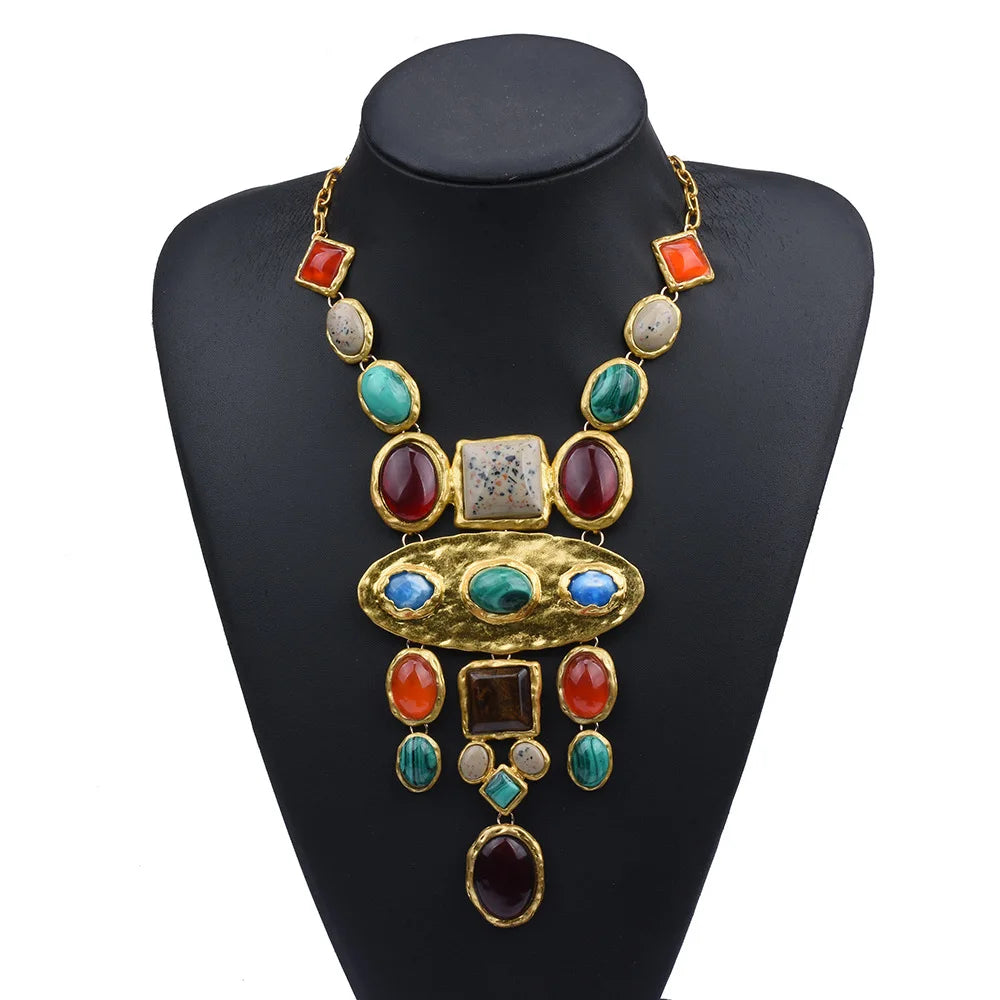 Women's Fashion Jewelry Gold Color Metal Colorful Gem Stone Beaded Chunky Pendant Drop Earrings and Long Large Bib Necklace Set